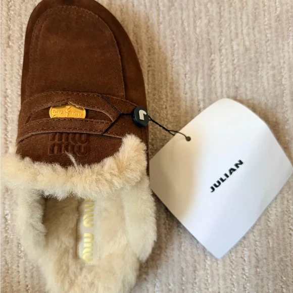 Brand NWT Miu Miu Suede Shearling Mules - Size 38.5 - Picture 2 of 11